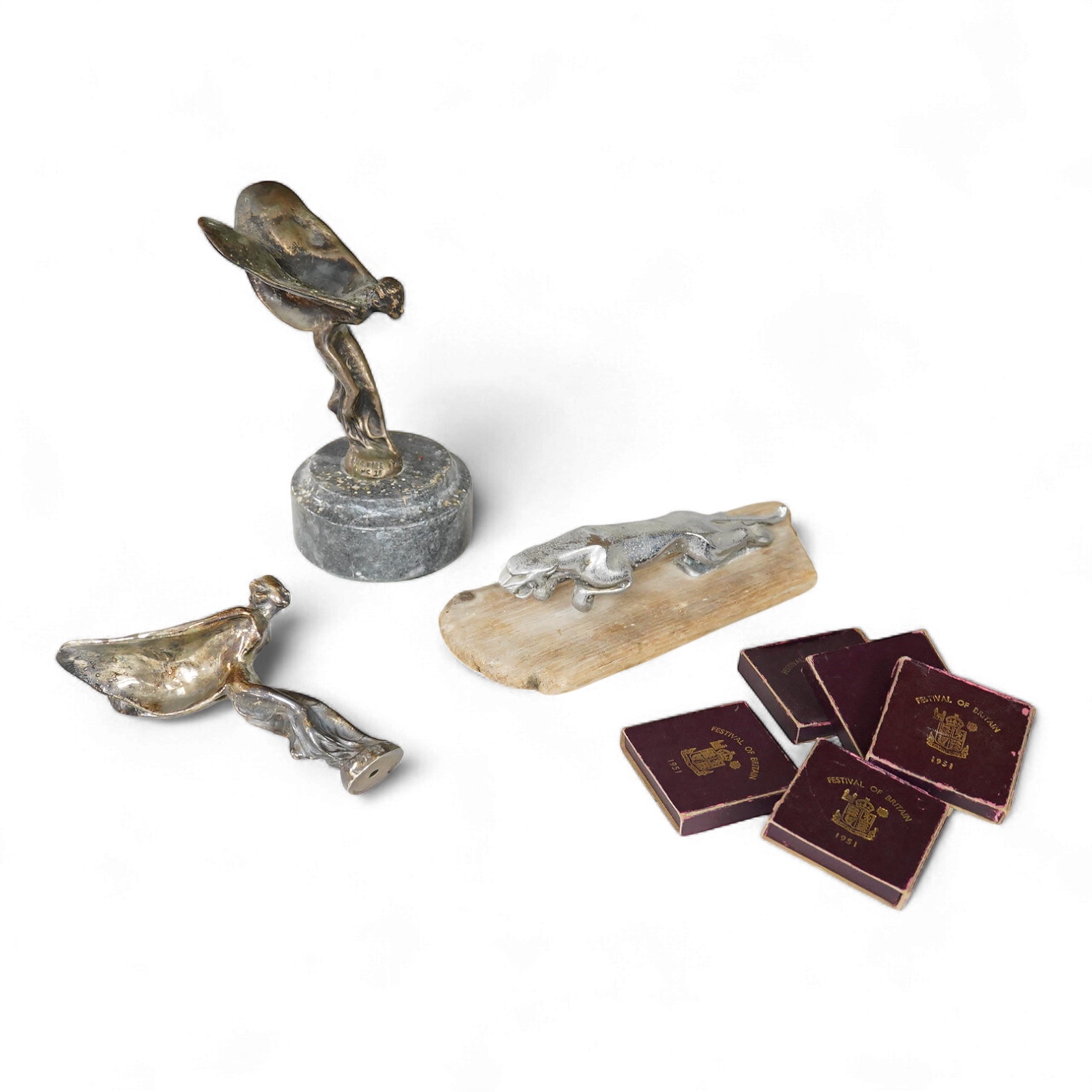 Three car mascots to include two Sprit of Ecstasy examples and five Festival of Britain medallions